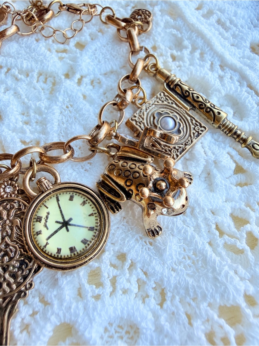 Gold Charm Bracelet with Watch and Tea Set Charms - Picture 2 of 6